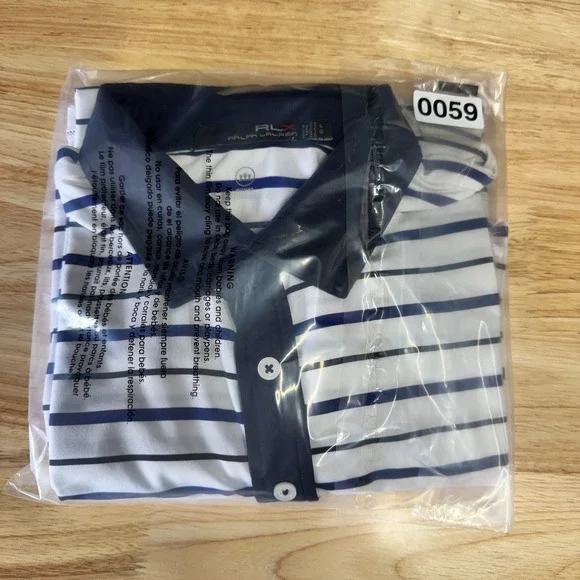 RLX Ralph Lauren Golf Polo Shirt Men Large Striped White/Navy Performance Casual - Picture 9 of 9